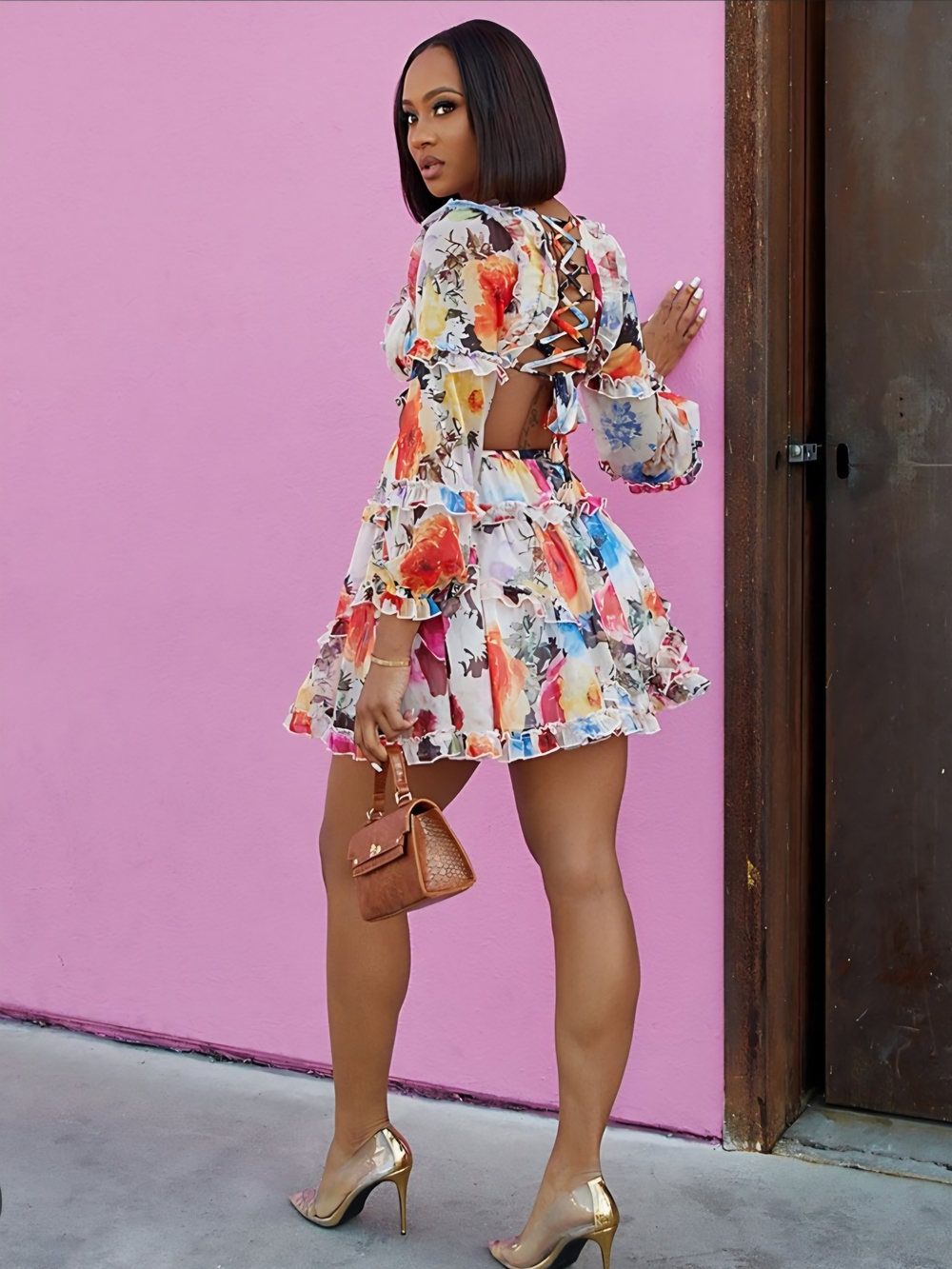 Watercolor Floral Lace-Up Back Ruffle Mini Dress - Multi